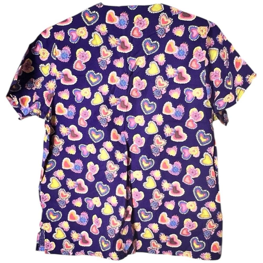 All Heart Colorful Tie Fye Print Heart and Flower Print Scrub  Top Sz M